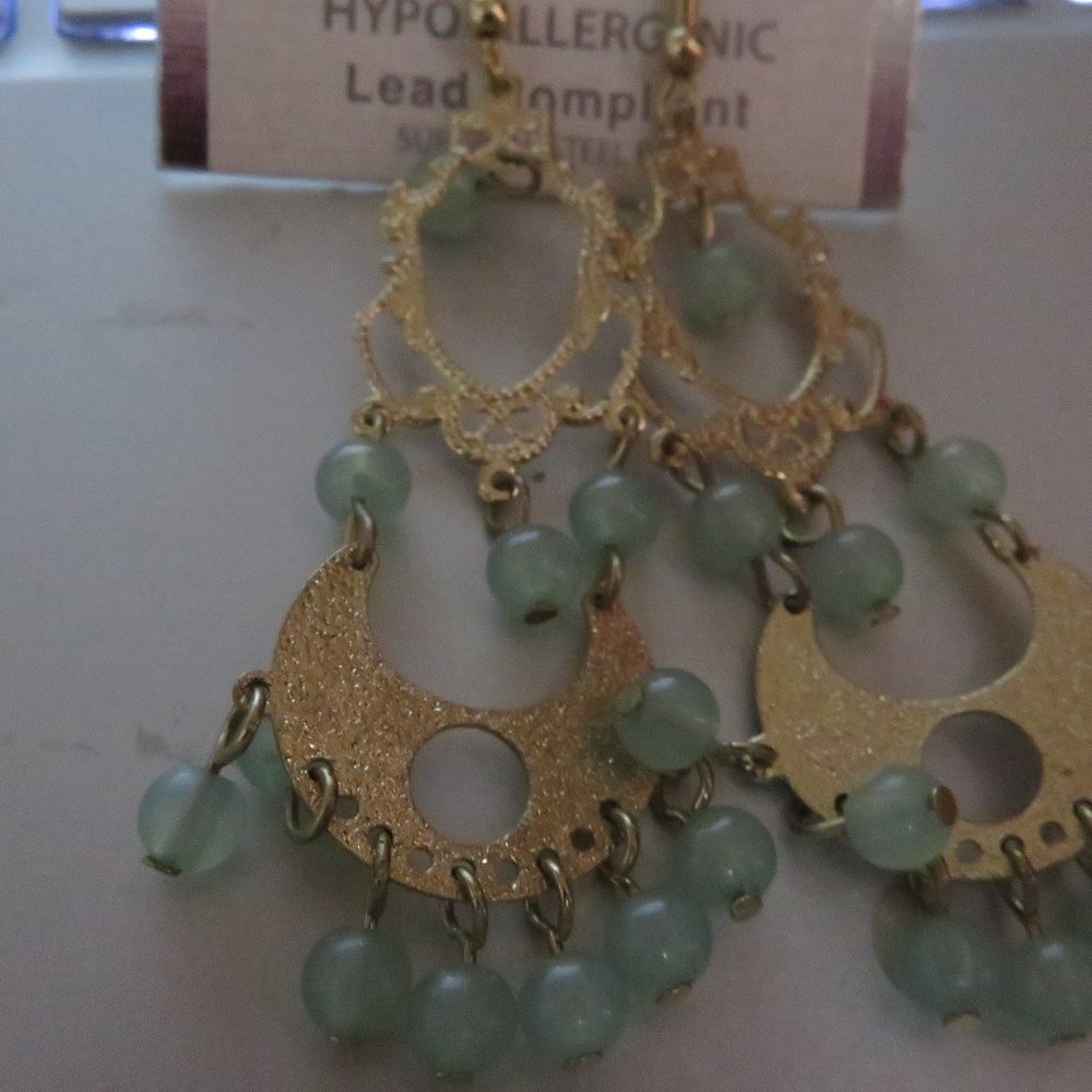 WOMEN'S - JEWELRY - LONG GOLD AND LT. GREEN BEADED EARRINGS